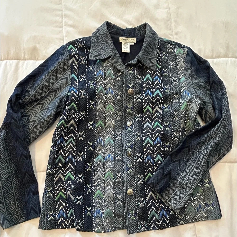 Coldwater Creek Southwestern Tribal Embroidered Denim Jean Jacket Size Small